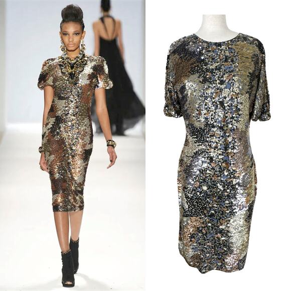 Naeem Khan Sequin Runway Dress 2010 gold silver black silk size 8 - Picture 11 of 11